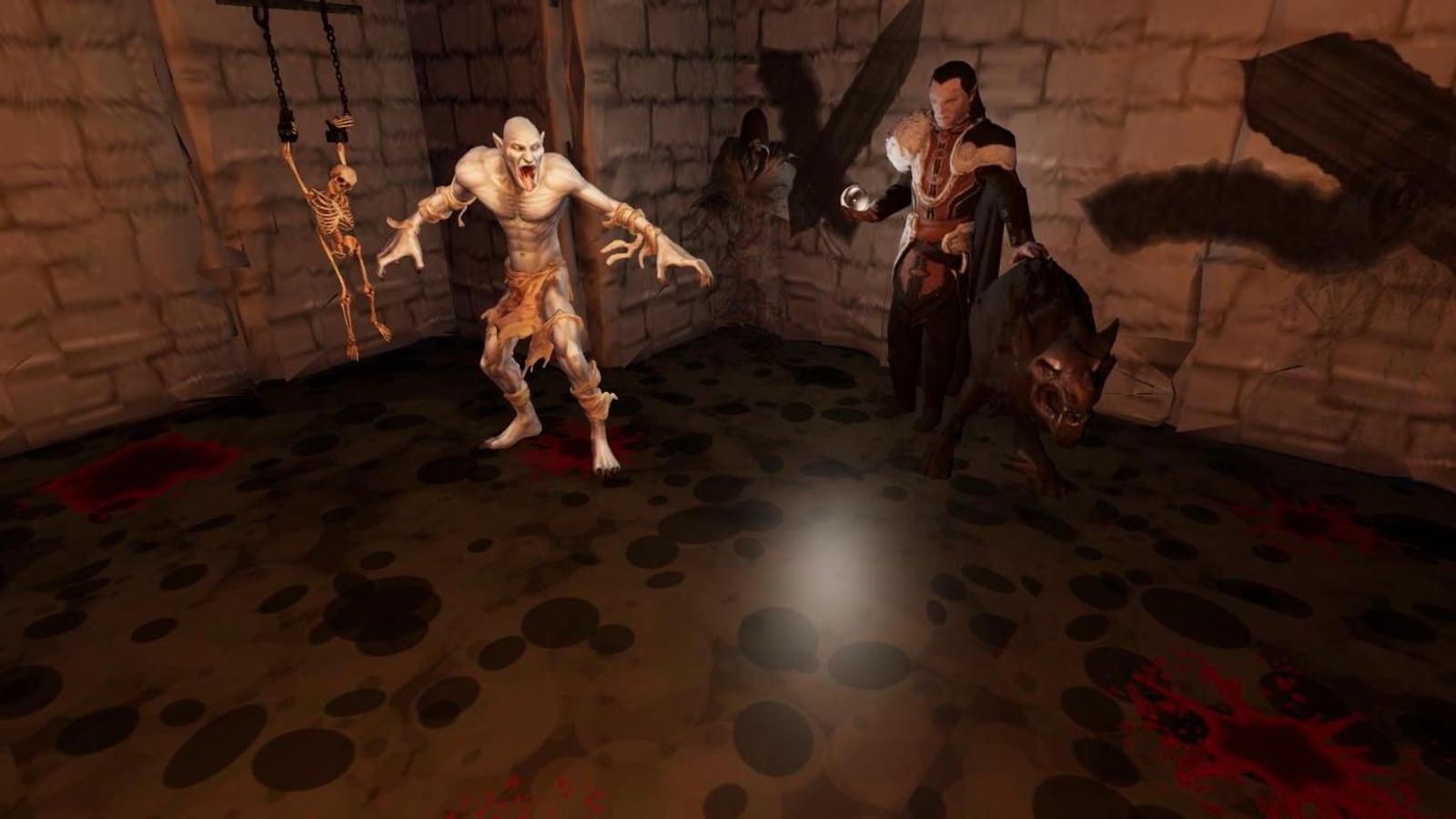 Through Ply's eyes in Hollowmere Manor: a ghoul lunges by torchlight beside the statue of the Count and his wolf
