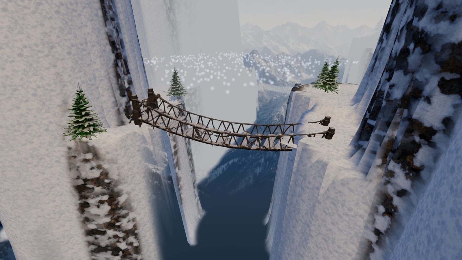 A rope bridge across a snowy mountain chasm