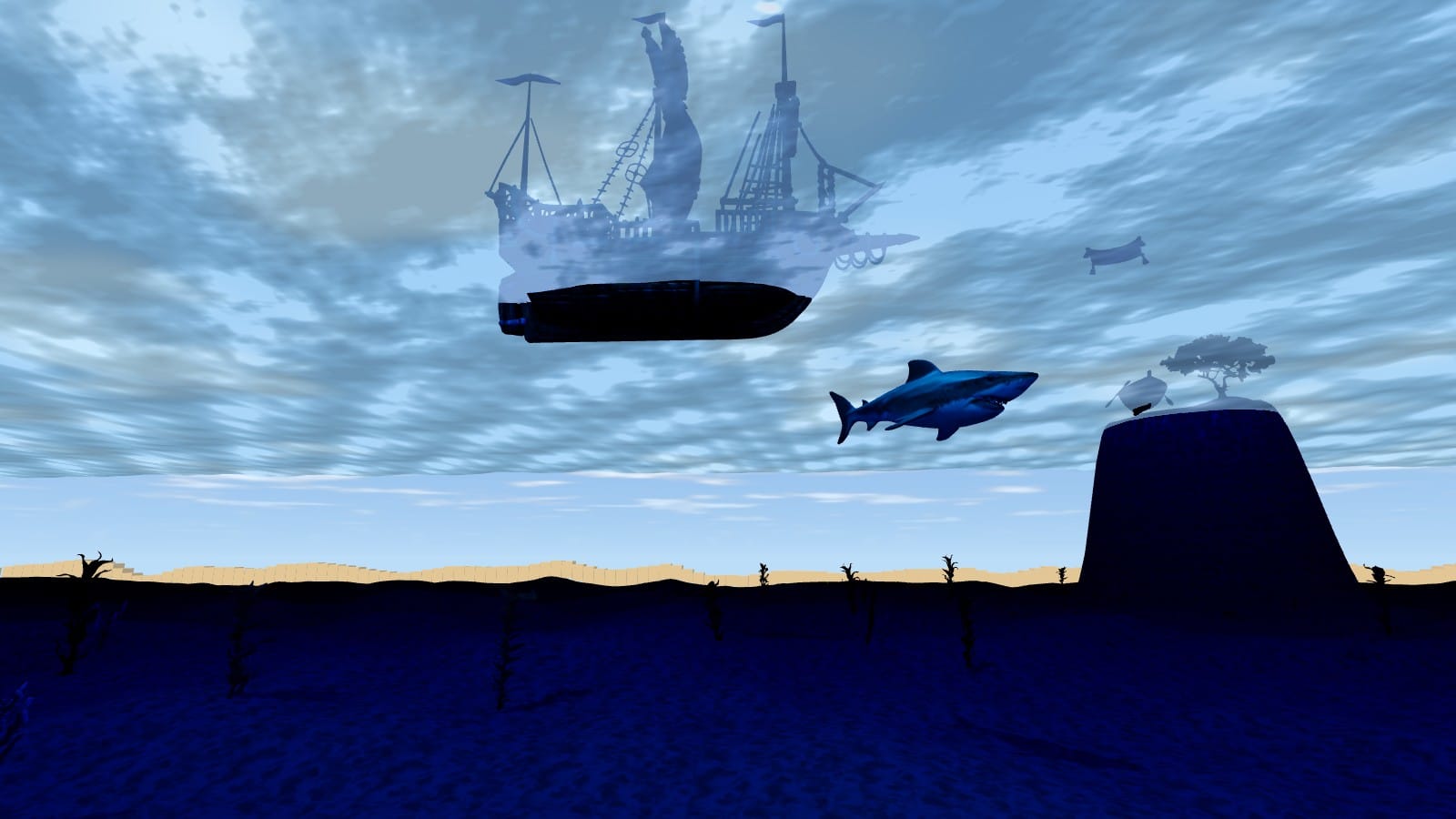 Underwater: a great white shark below the hull of a sailing ship