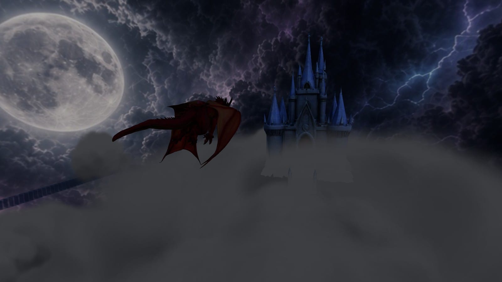 A red dragon flying past a castle above storm clouds and a full moon