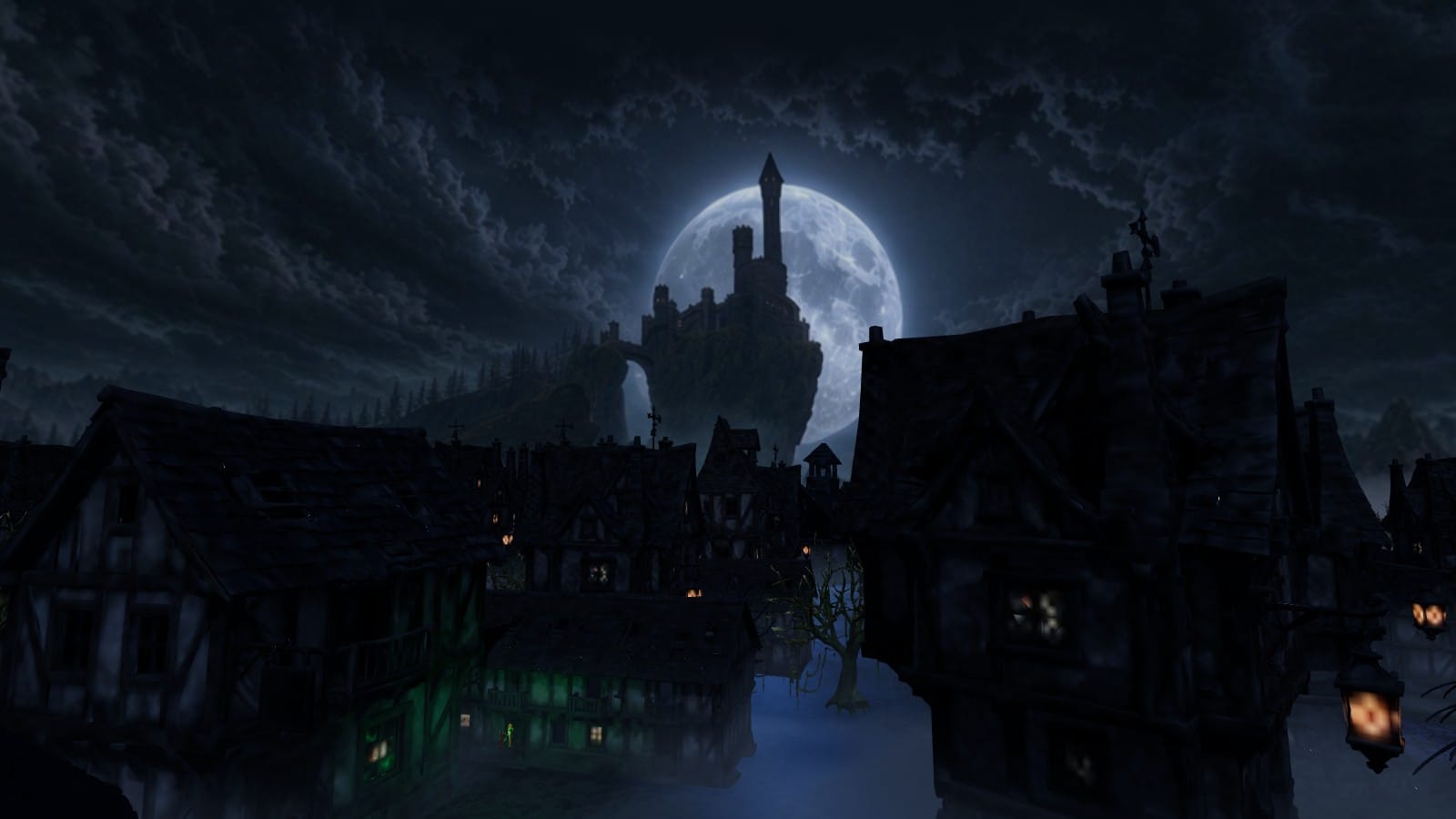 The village of Vallenmoor at night, Castle Grimcrag on its crag against a full moon